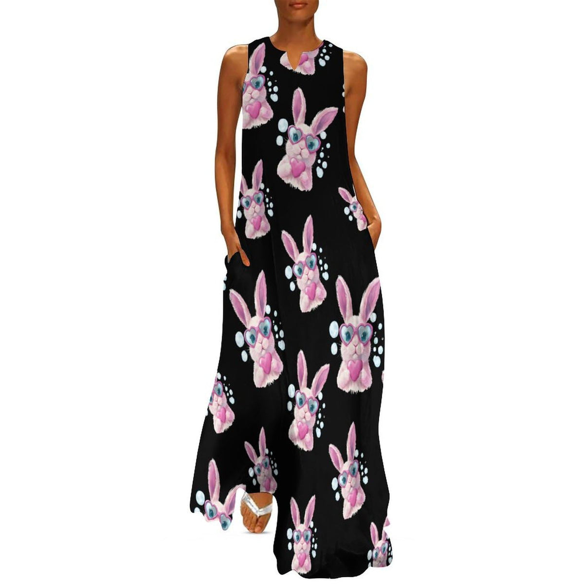 longue maxi femme avec adorable lapin de Pâques, robe décontractée sans manches, robe d'été longue pour la plage